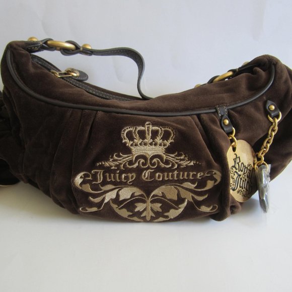 Juicy Couture Crown Brown Velvet Shoulder Hobo Bag - Picture 2 of 12